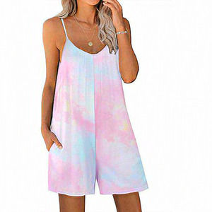 Women's One‎ Piece V Neck Shoulder Straps Rompers with Pocket Multicolor Large